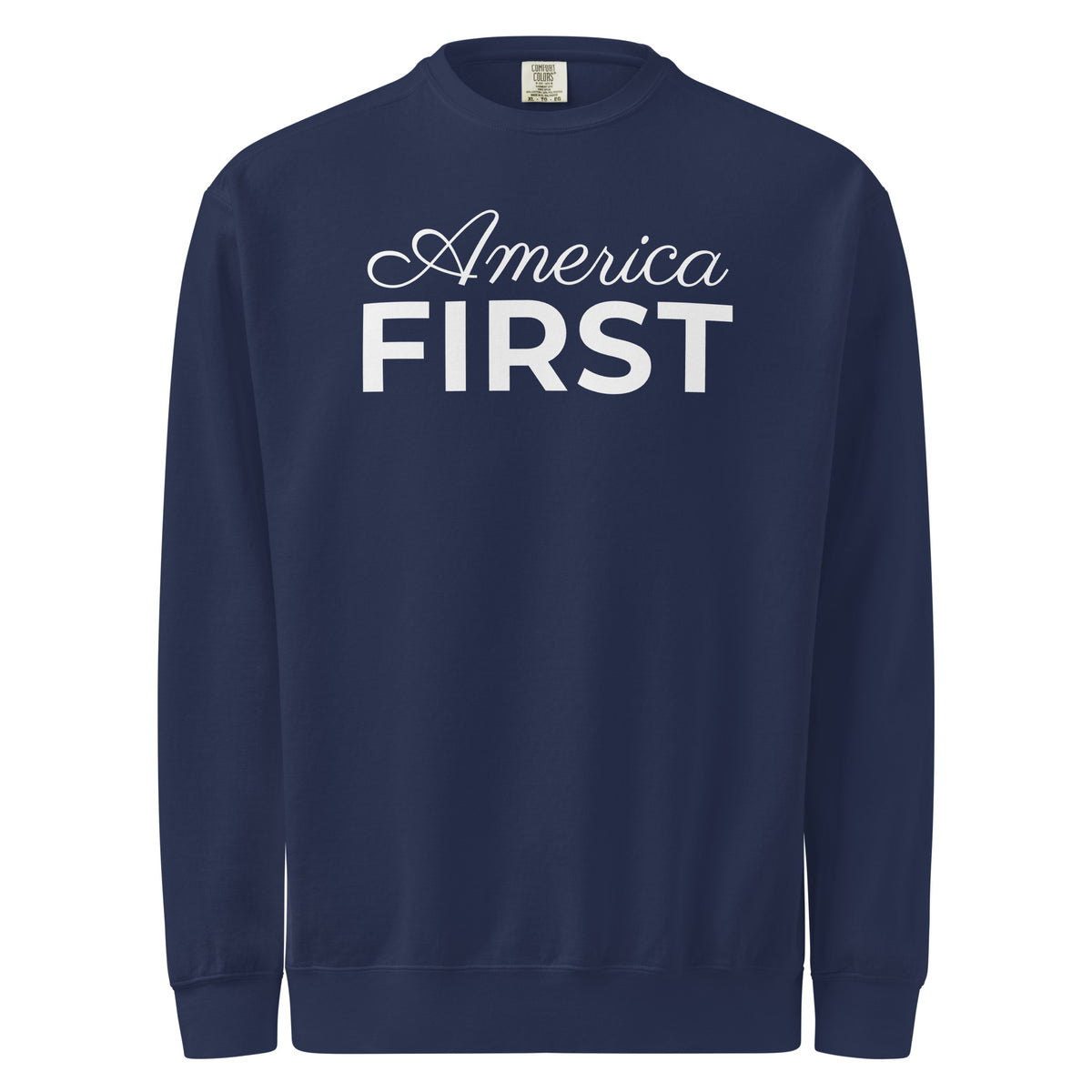 America First Script Crewneck Sweatshirt True Navy flat front | True American