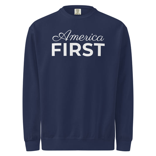 America First Script Crewneck Sweatshirt True Navy flat front | True American