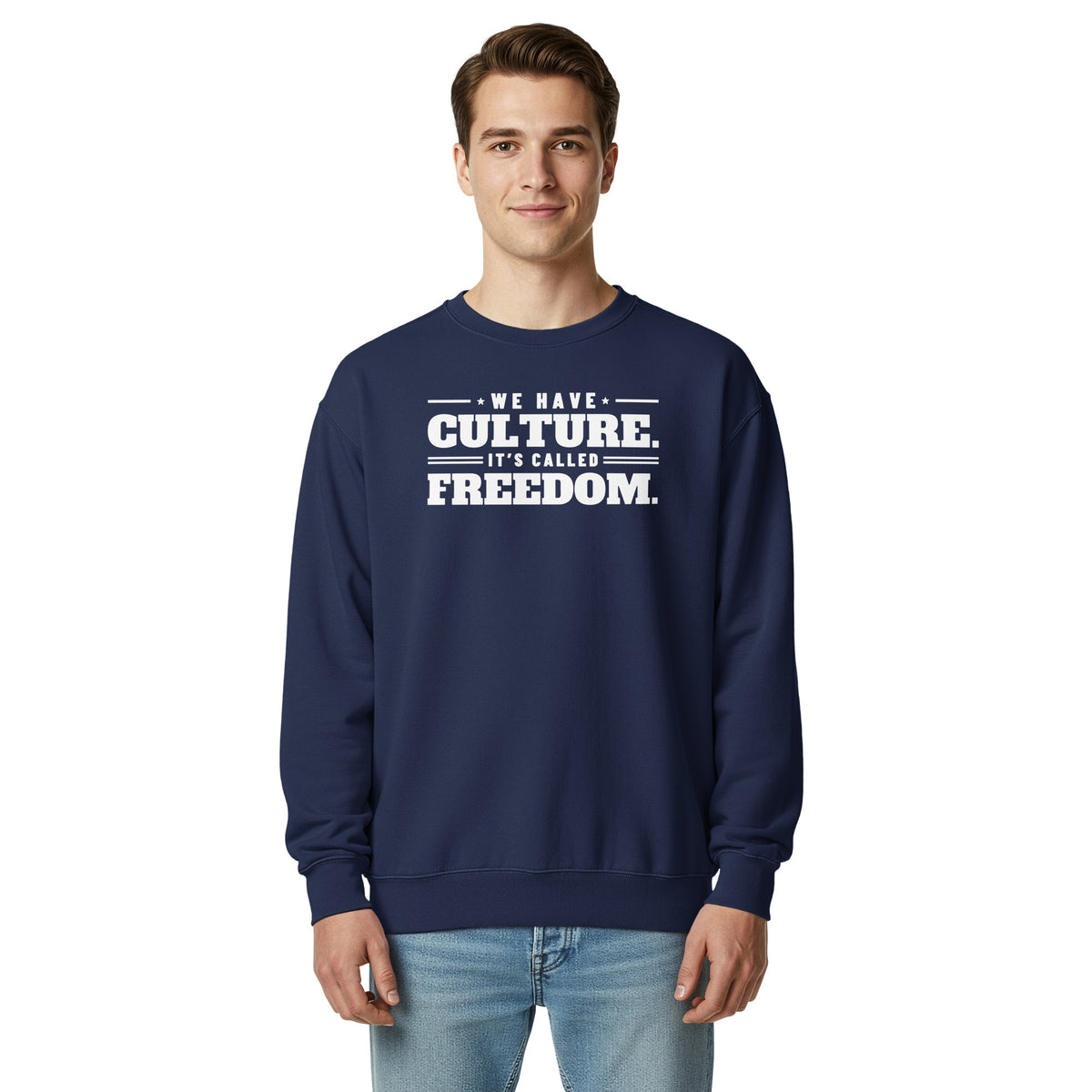 We Have Culture It's Called Freedom Stacked Crewneck in True Navy, front, on male model | True American