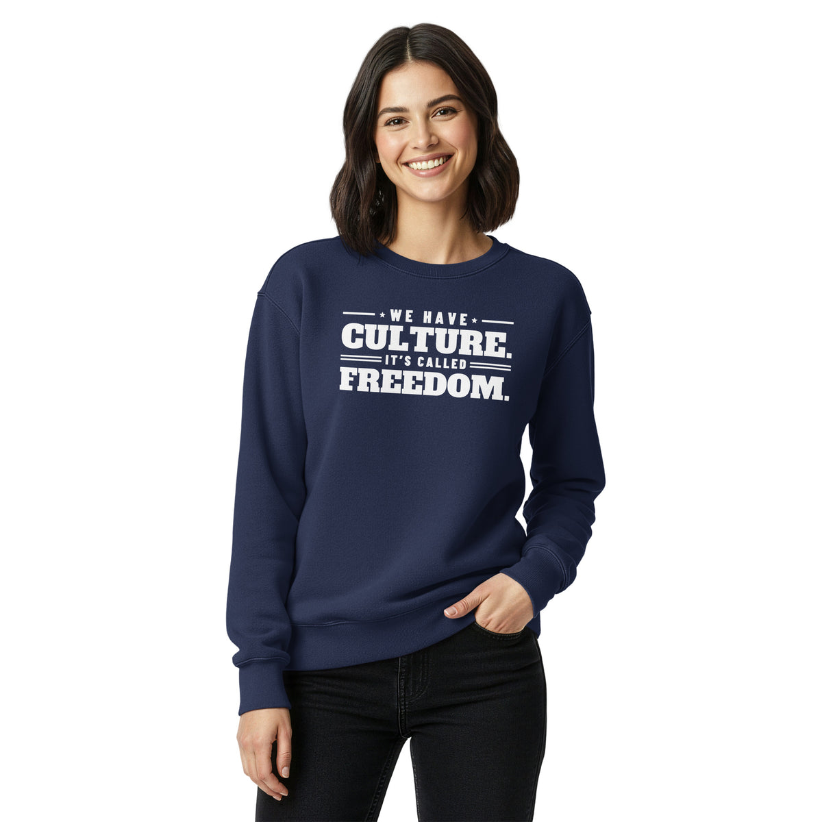 We Have Culture It's Called Freedom Stacked Crewneck in True Navy, front, on female model | True American