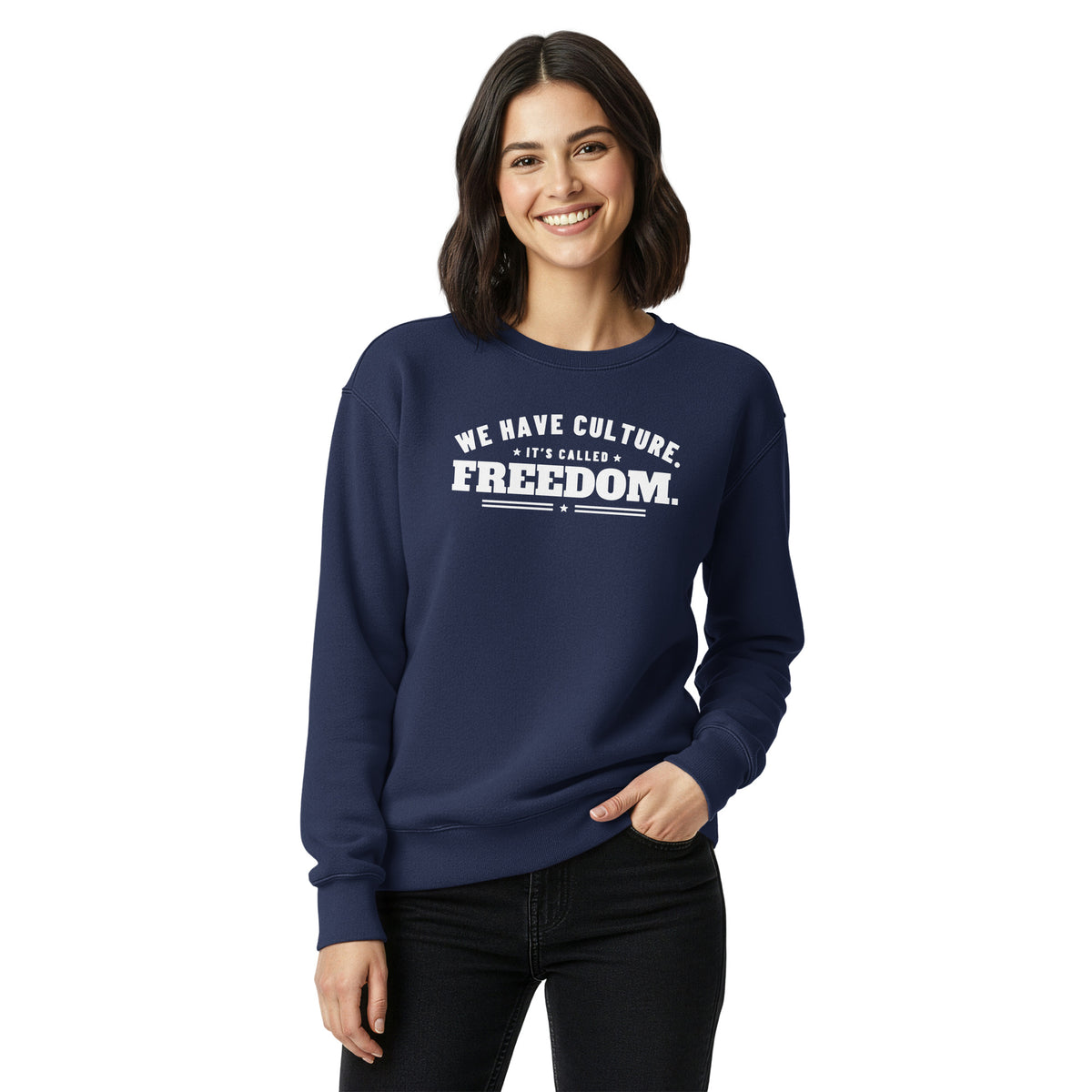 We Have Culture It's Called Freedom Arched Crewneck in True Navy, front, on female model | True American