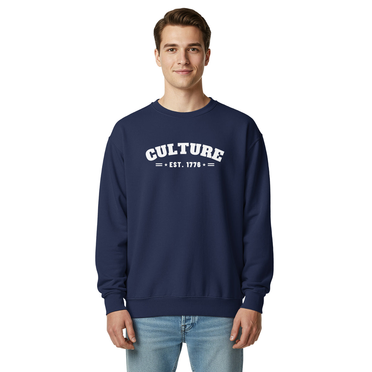 Culture Est. 1776 Arched Crewneck in True Navy, front, on male model | True American
