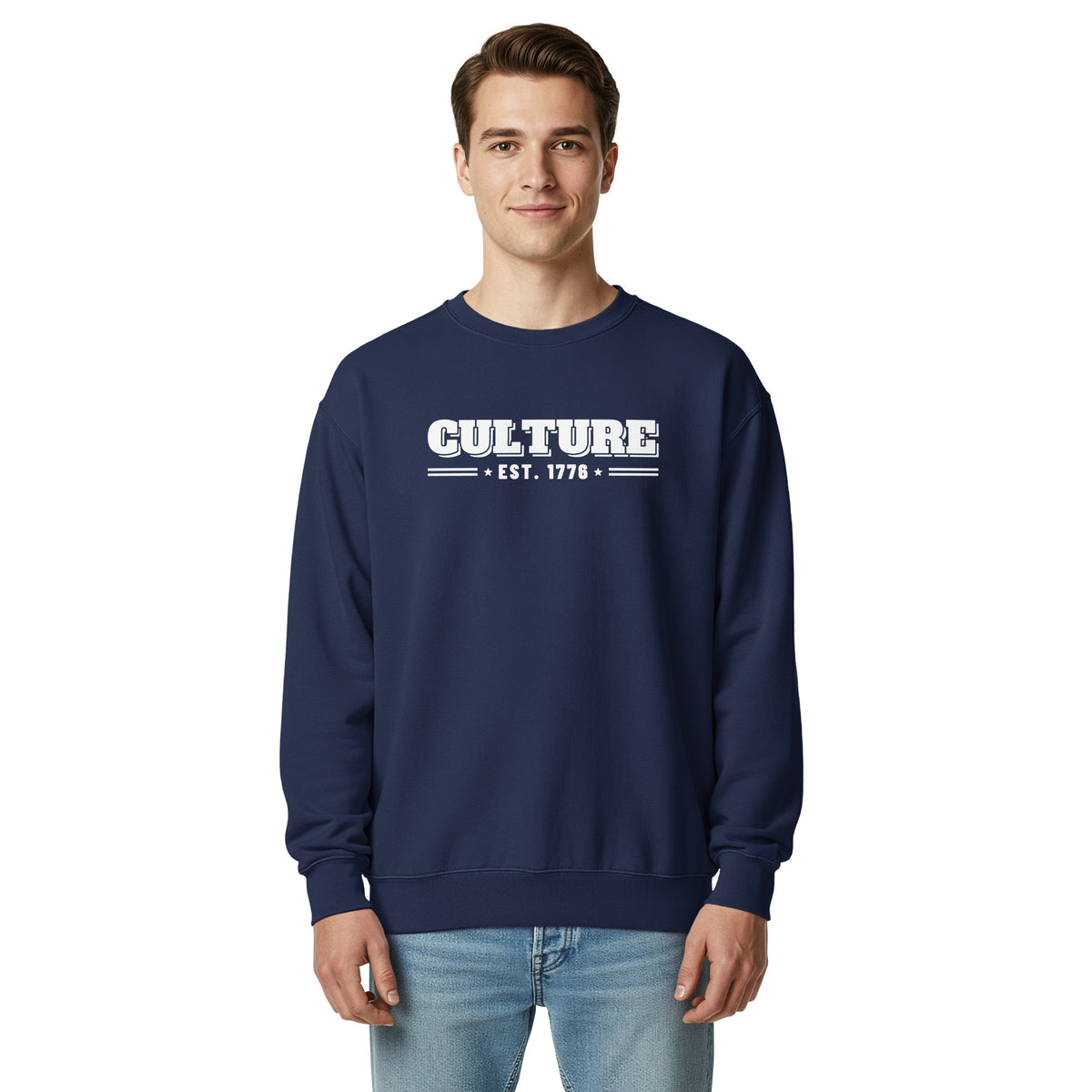 Culture Est. 1776 Stacked Shadow Crewneck in True Navy, front, on male model | True American