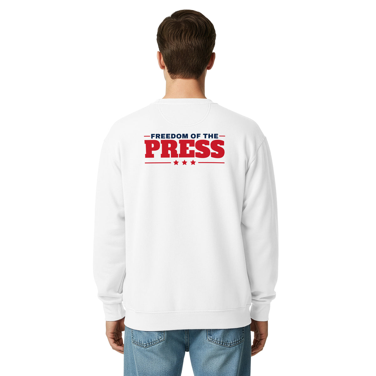 First Amendment Right / Freedom of the Press Crewneck White on model back | True American