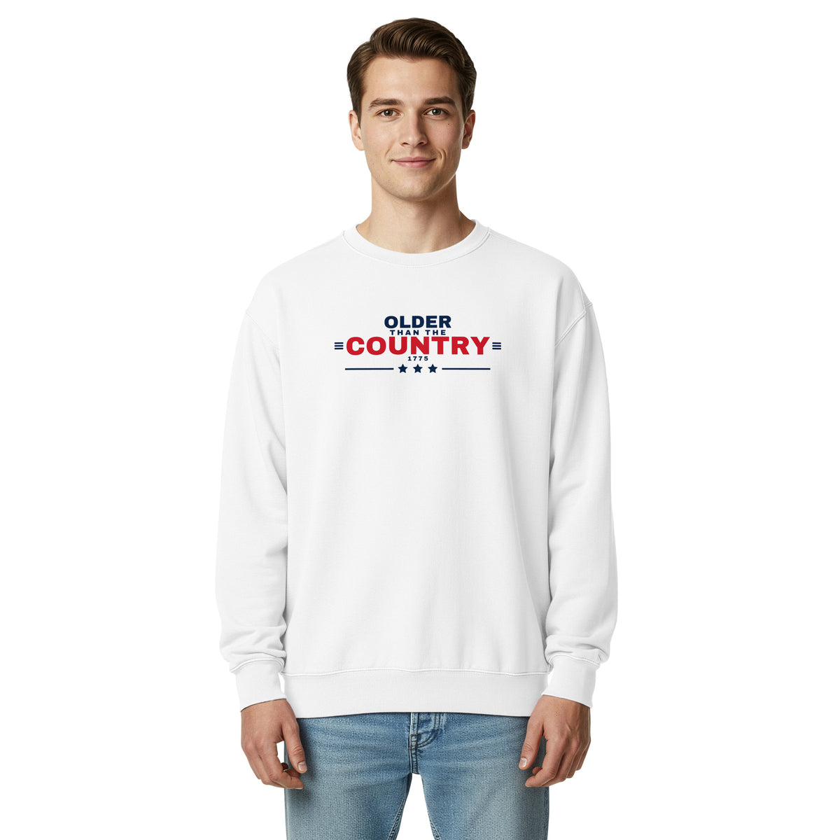 Older Than the Country Crewneck Sweatshirt White on model front | True American