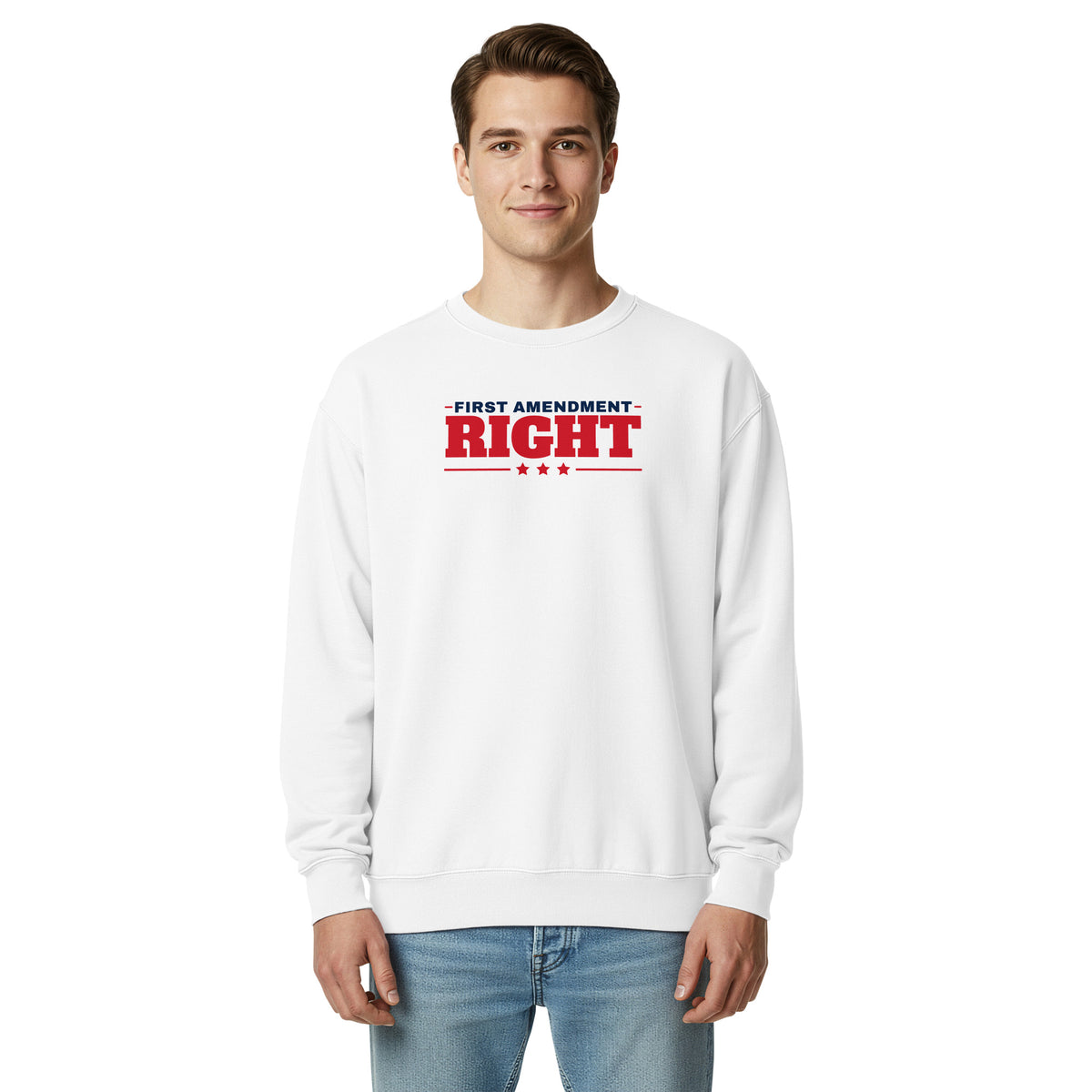 First Amendment Right / Freedom of Speech Crewneck White on model front | True American