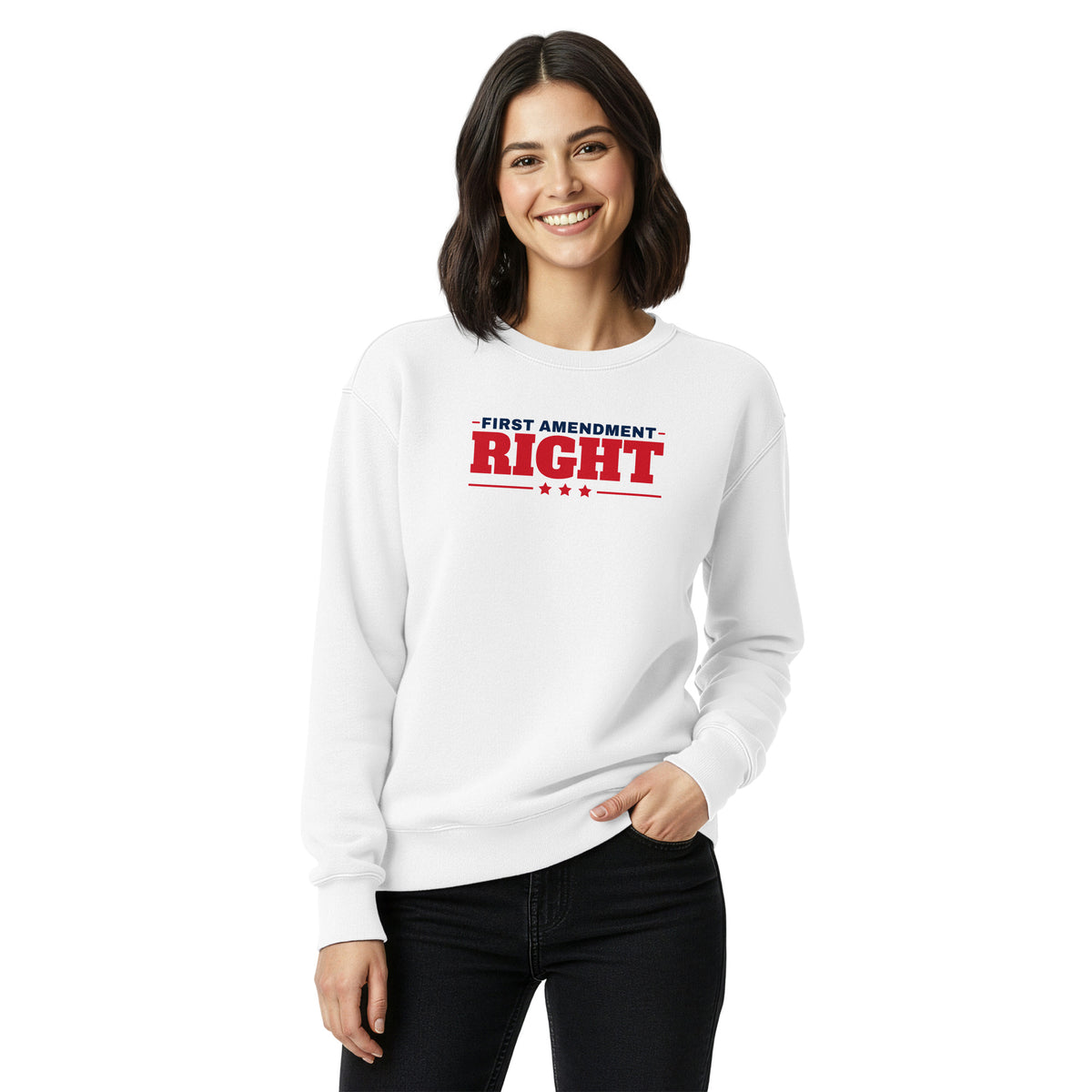 First Amendment Right / Freedom of the Press Crewneck White on model front | True American