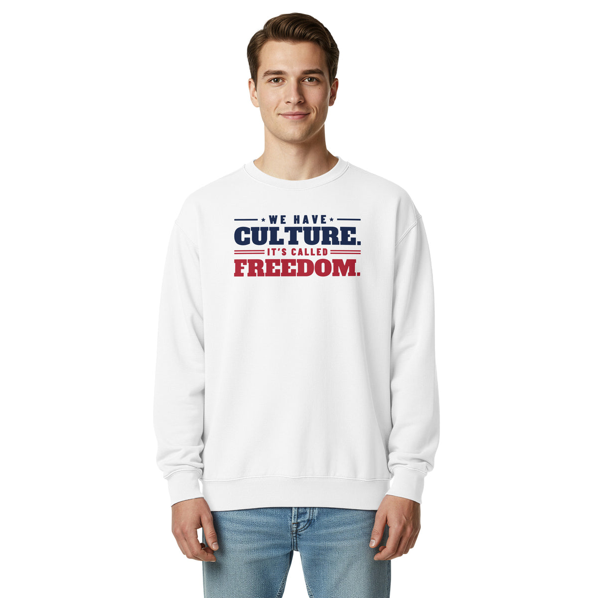 We Have Culture It's Called Freedom Stacked Crewneck in White, front, on male model | True American