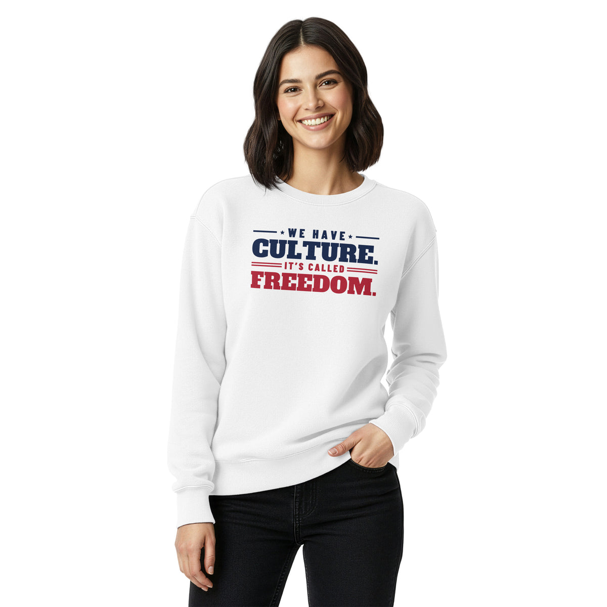 We Have Culture It's Called Freedom Stacked Crewneck in White, front, on female model | True American