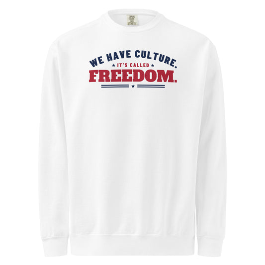 We Have Culture It's Called Freedom Arched Crewneck in White, front | True American