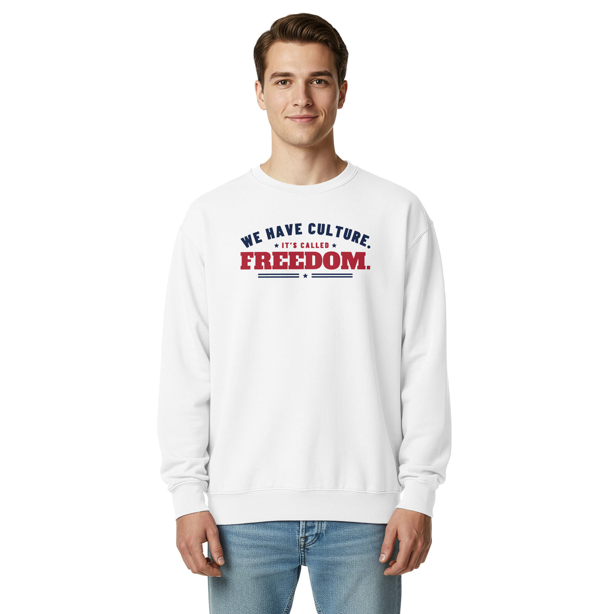 We Have Culture It's Called Freedom Arched Crewneck in White, front, on male model | True American
