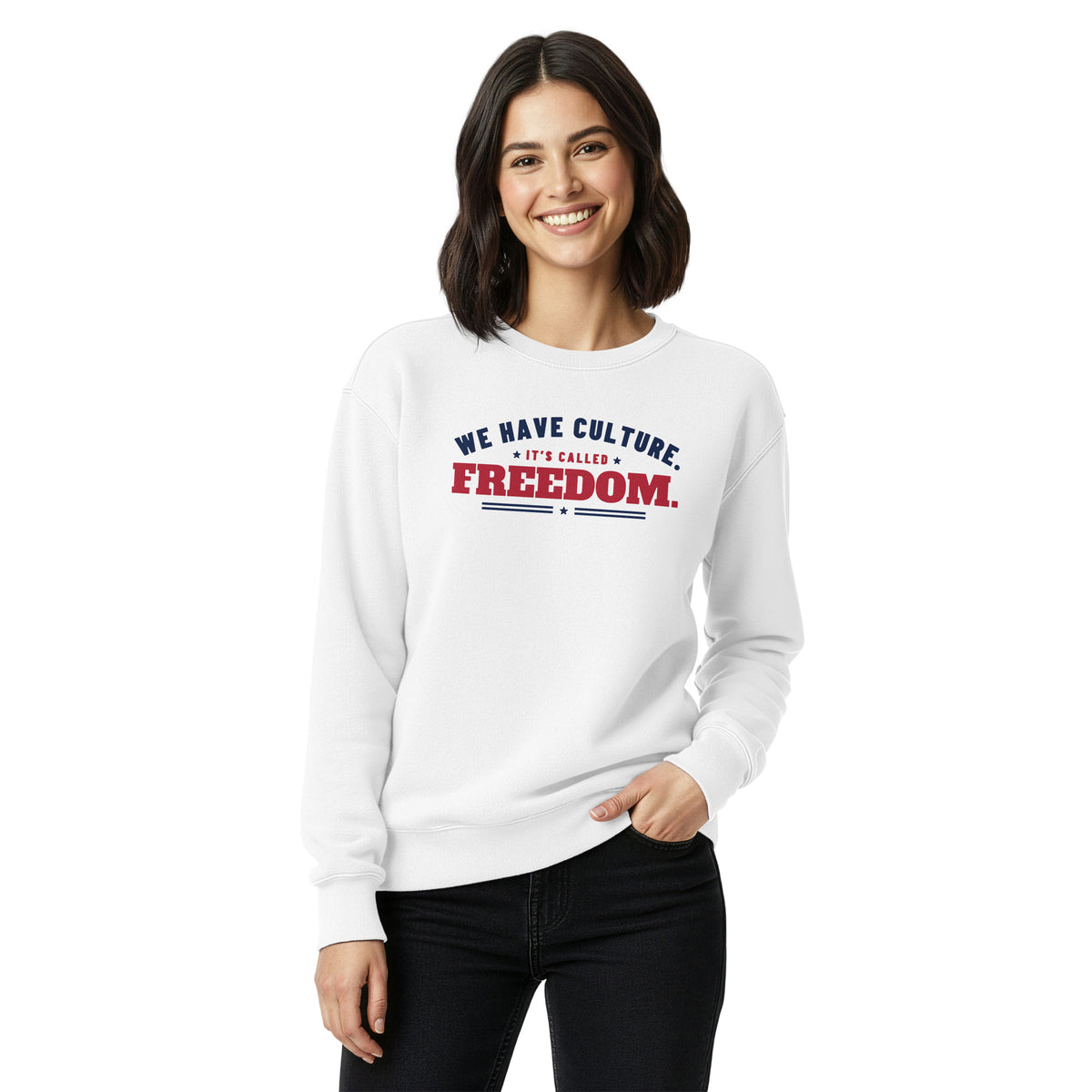 We Have Culture It's Called Freedom Arched Crewneck in White, front, on female model | True American