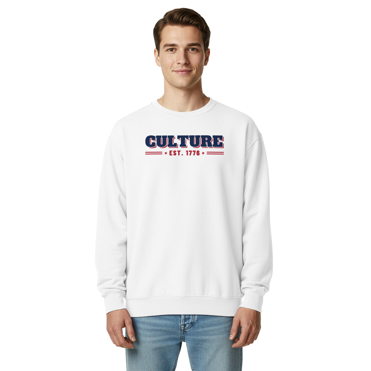 Culture Est. 1776 Stacked Crewneck in White, front, on male model | True American