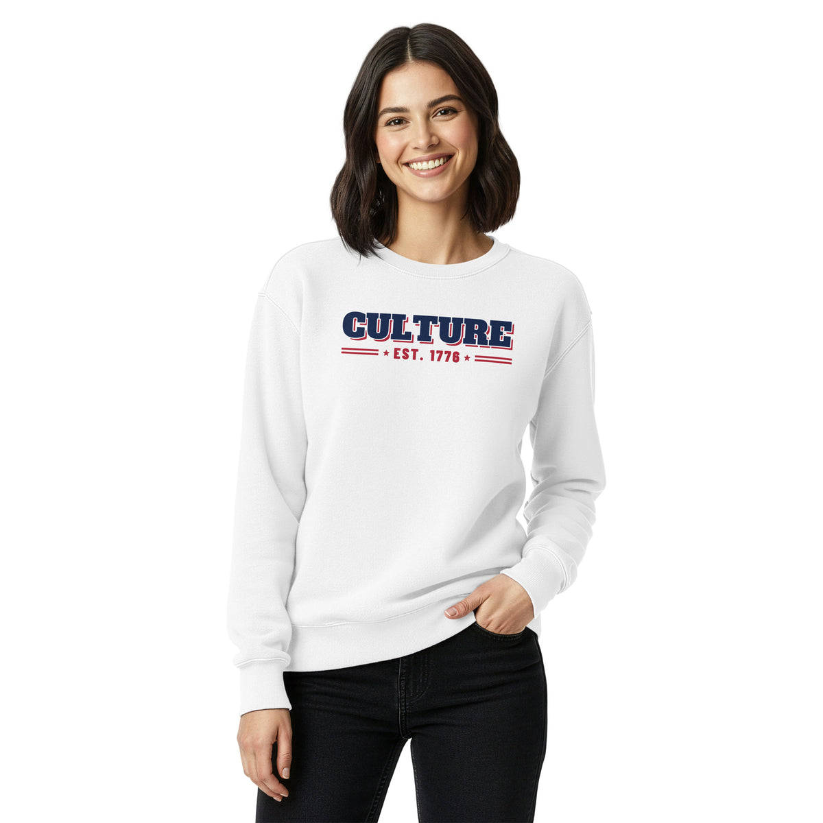 Culture Est. 1776 Stacked Crewneck in White, front, on female model | True American