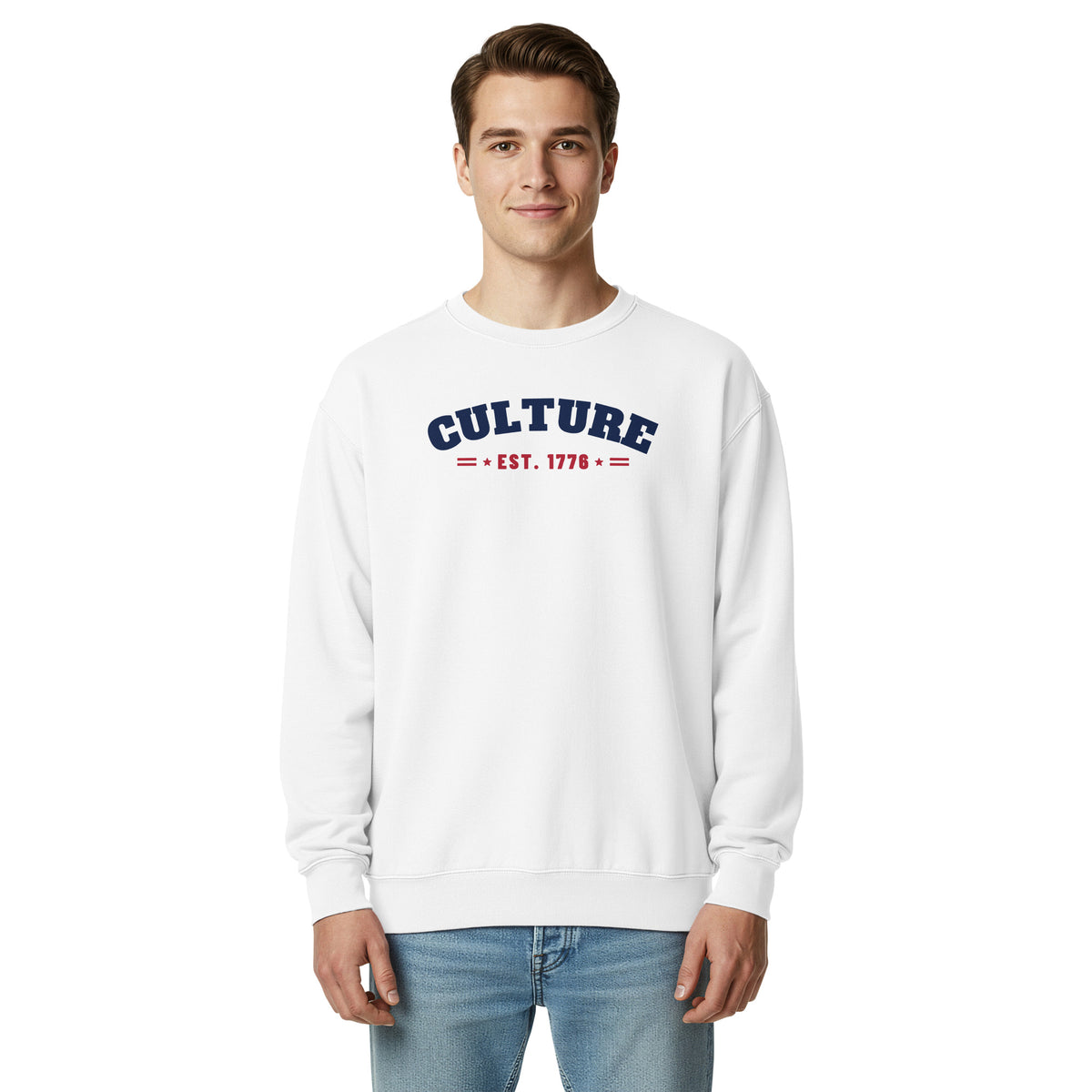 Culture Est. 1776 Arched Crewneck in White, front, on male model | True American